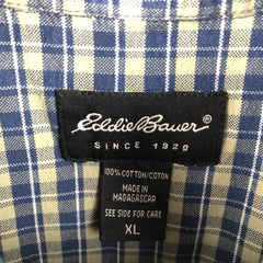 00'S Eddie Bauer short sleeve button down check shirt, men's XL size cotton blue type Vintage Second Hand