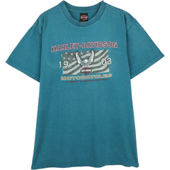 00'S Harley-Davidson Eagle Pattern Motorcycle Bike T-shirt Made in USA Men's L size cotton Blue type light blue Vintage Second Hand