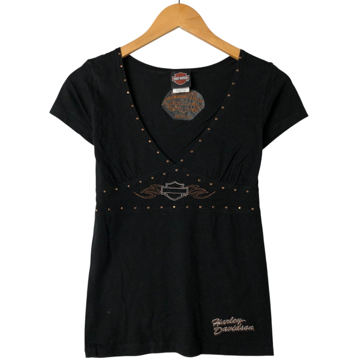 00'S Harley-Davidson V-neck studded motorcycle bike T-shirt for women (S size) cotton black type Vintage Second Hand