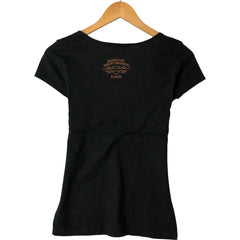 00'S Harley-Davidson V-neck studded motorcycle bike T-shirt for women (S size) cotton black type Vintage Second Hand