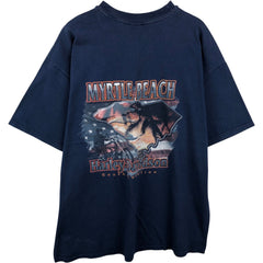 00'S Harley-Davidson Fire Pattern Motorcycle Bike T-Shirt Made in USA Men's XXL cotton navy blue type Vintage Second Hand