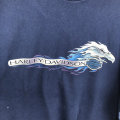 00'S Harley-Davidson Fire Pattern Motorcycle Bike T-Shirt Made in USA Men's XXL cotton navy blue type Vintage Second Hand