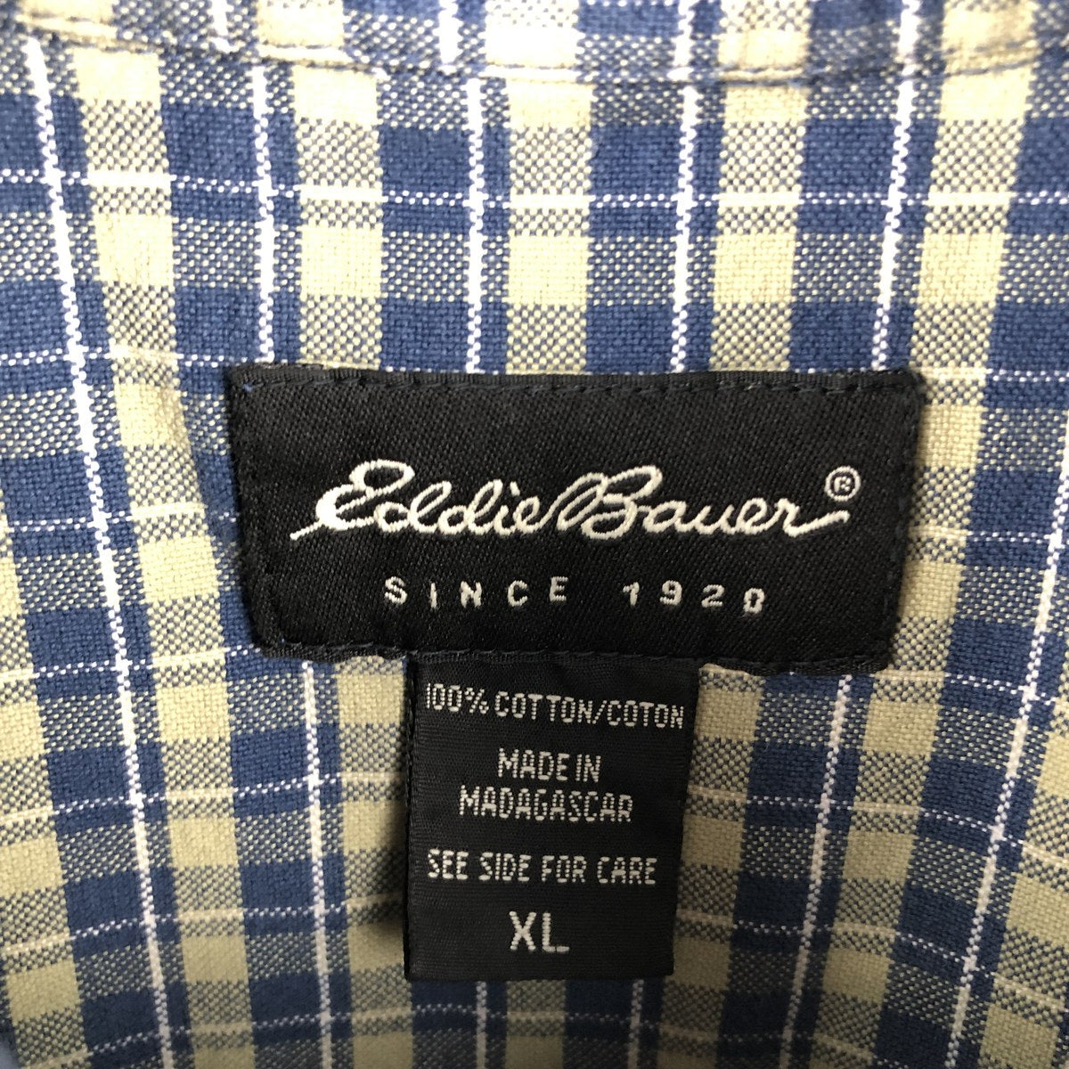 00'S Eddie Bauer short sleeve button down check shirt, men's XL size cotton blue type Vintage Second Hand