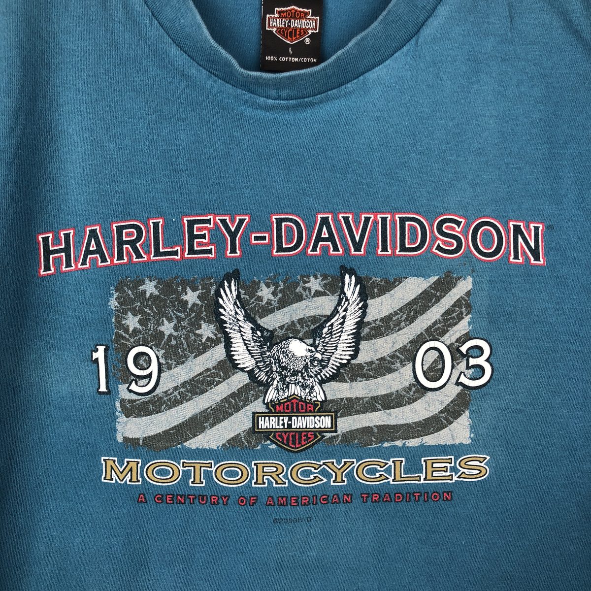00'S Harley-Davidson Eagle Pattern Motorcycle Bike T-shirt Made in USA Men's L size cotton Blue type light blue Vintage Second Hand