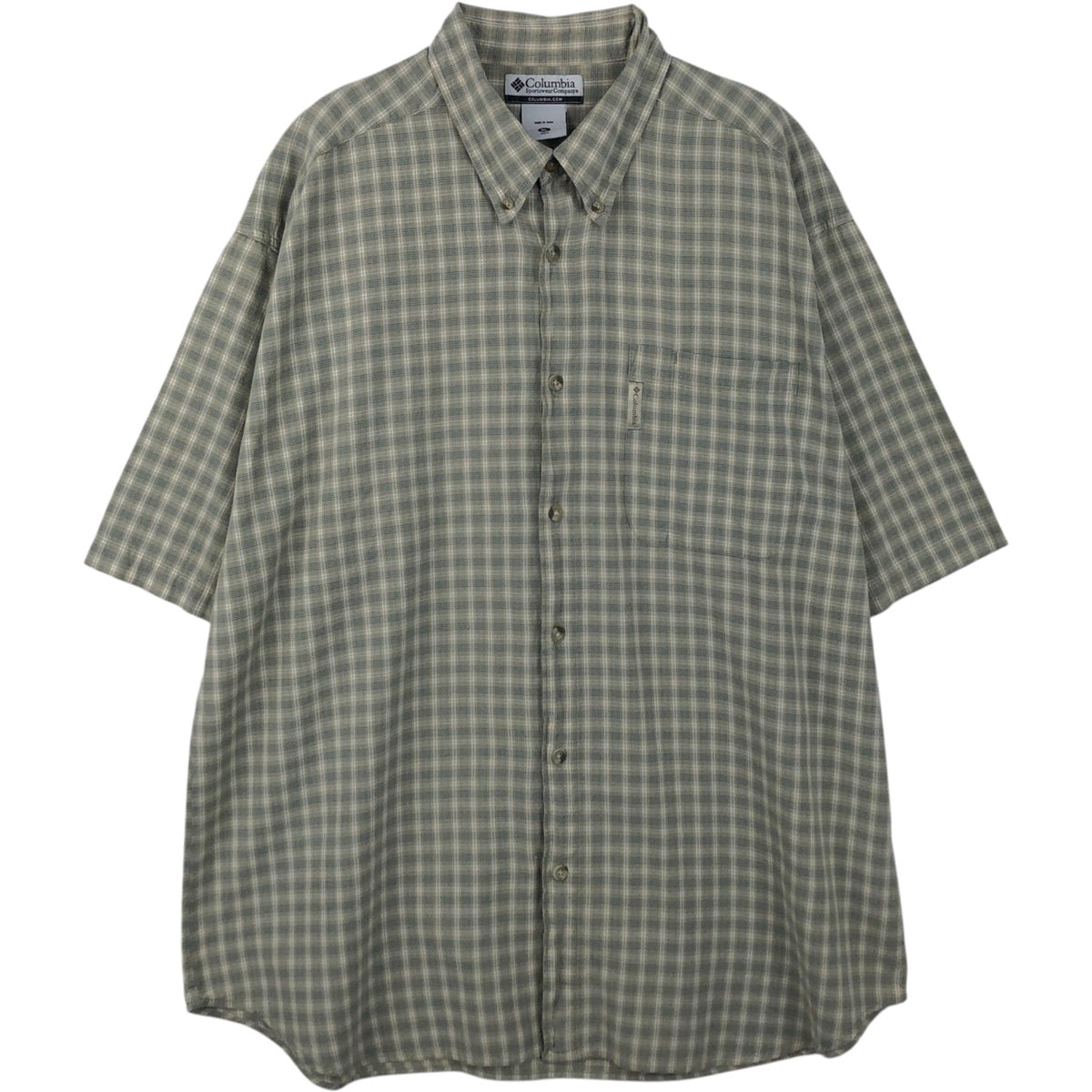 00'S Columbia Short Sleeve Button Down Check Shirt Men's XL cotton Khaki type sage green Vintage Second Hand